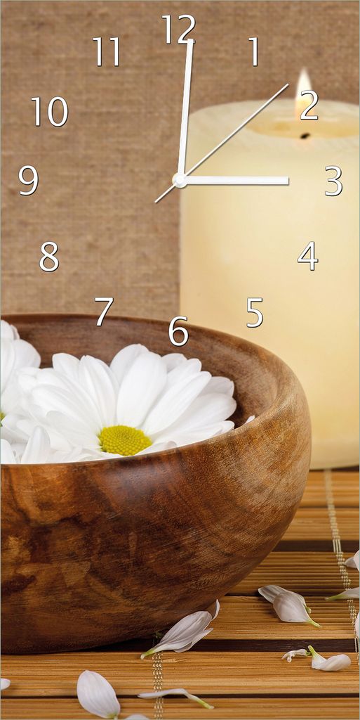 Wallario Design Wanduhr bedruckt, Größe 30 x 60 cm, Motiv: Stillleben - Kerzen und Blumenblüten in Holzschale