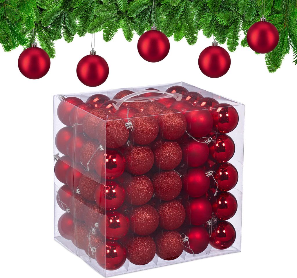 Relaxdays, juego de 100 bolas navideñas, plástico, Imagen del producto 