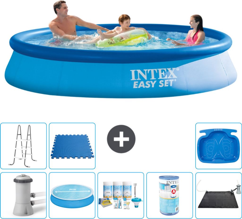 Intex runder aufblasbarer Easy Set-Schwimmpool – 366 x 76 cm – Blau – inklusive Pumpe Sonnensegel - Wartungspaket - Filter - Solarmatte - Lei...