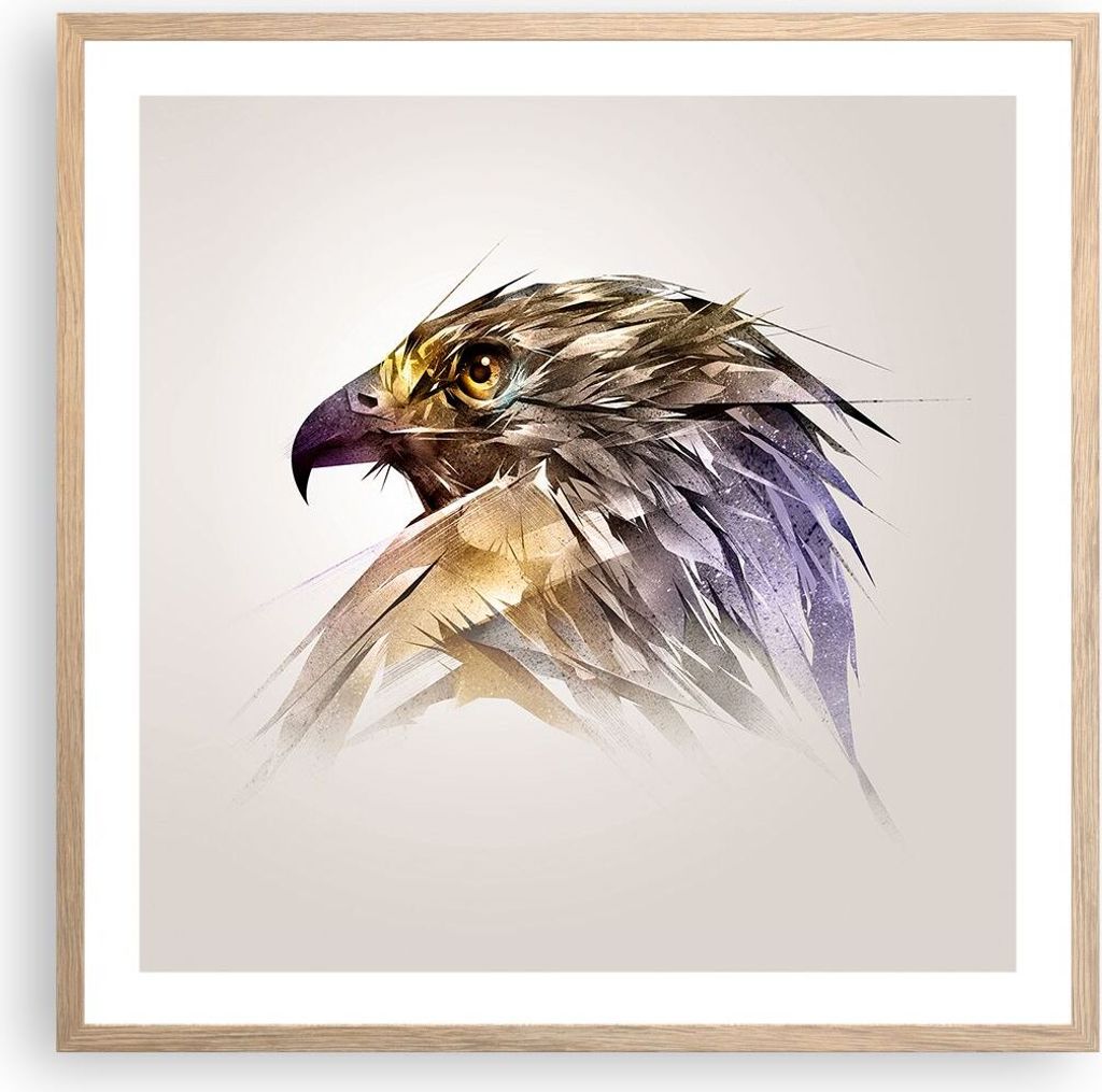 Gerahmtes Poster - Rahmen in heller Eiche - Adler Vogel Feder - 60x60 cm - Wand Bild - Wanddeko - Wandbilder - Wandposter - Bilderrahmen - Bilder -...