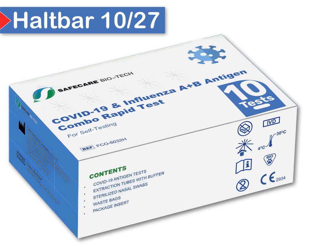 10x Safecare 3in1 COVID-19 & Influenza A+B Antigen Selbsttest | MHD 10/27 - neueste Variante | Grippe Corona SARS-CoV-2 Antigentest Schnelltest | 3124
