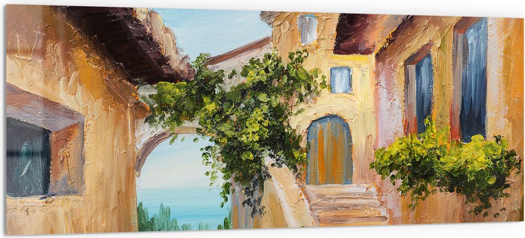 DEQORI Küchenrückwand Glas 125x50 cm 'Sonnige Gassen' Spritzschutz Bad Rückwand Küche