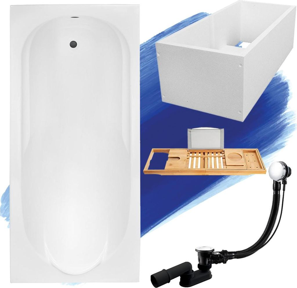 Badewanne Rechteck Set 5in1 140x70 mit Premium Ablaufgarnitur und Füßen GRATIS + Wannenträger + Bambus Holzablage | BADLAND BONA