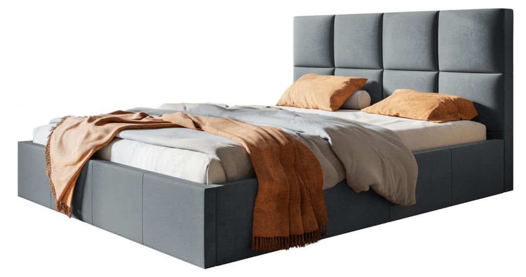 Bett Roma 140x200, Bettkasten und Metallrahmen, Kronos-Stoff, Dunkelgrau