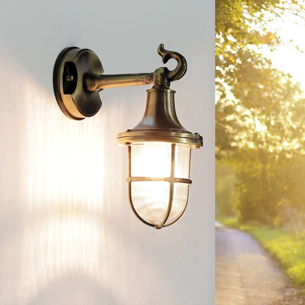 Premium Außenlampe Wand Messing echt rostfrei IP64 massiv Rillenglas Käfigschirm rustikale Wandleuchte Haus Balkon