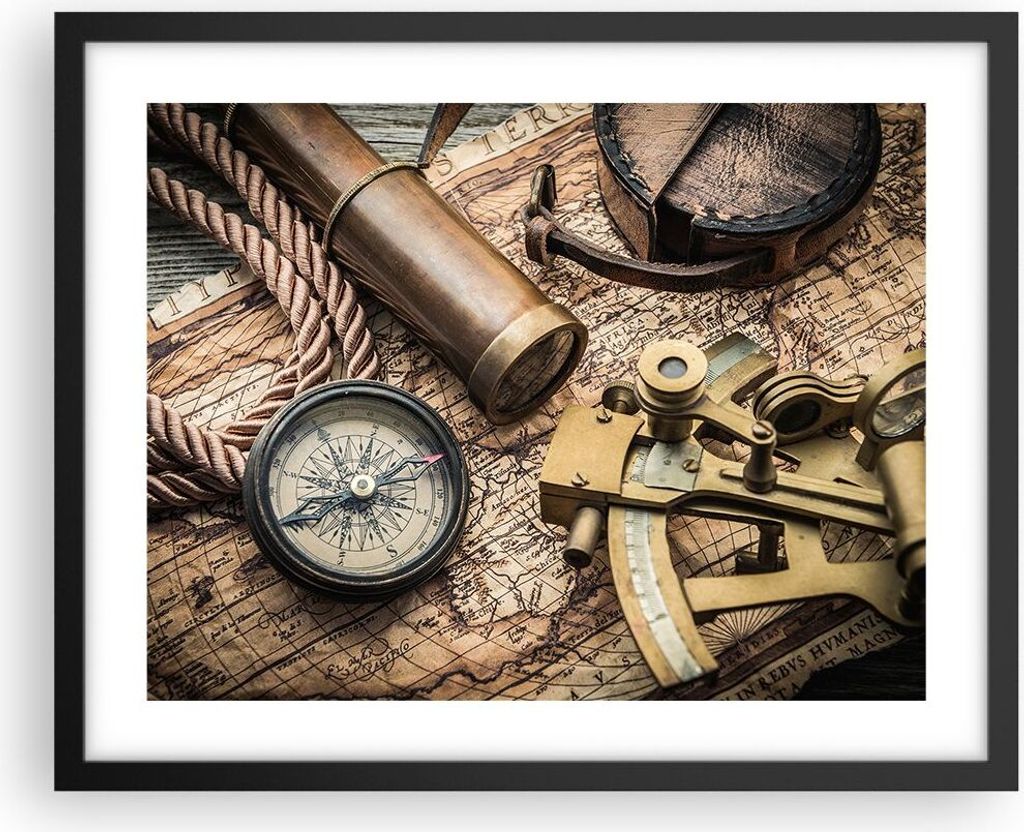Gerahmtes Poster - Schwarzer Rahmen - Kompass Kompass Karte - 50x40 cm - Wand Bild - Wanddeko - Wandbilder - Kunstposter - Wandposter - Bilderrahme...