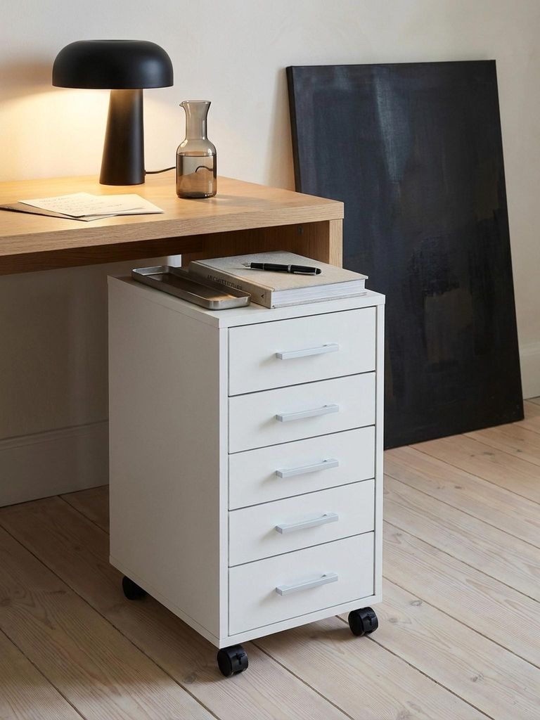 Rollcontainer Weiß 33 x 63 x 38 cm Holz Schubladenschrank Schreibtisch, Büro Schrank mit 5 Schubladen, Container Rollschrank klein Standcontainer...