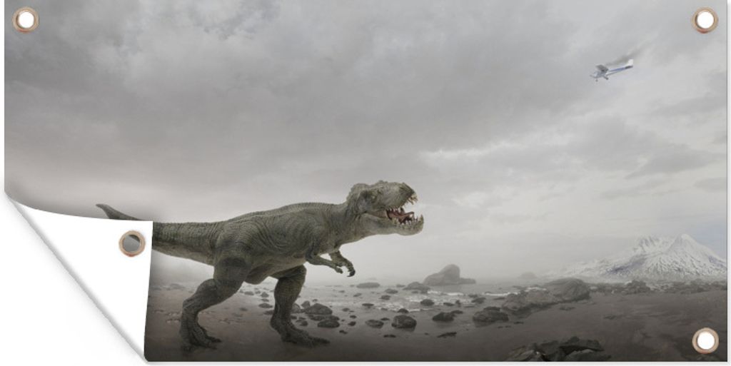 MuchoWow 80x40 cm Outdoor-Poster Gartendeko Sichtschutz Garten Poster für den Garten Dinosaurier - Sand - Wolken