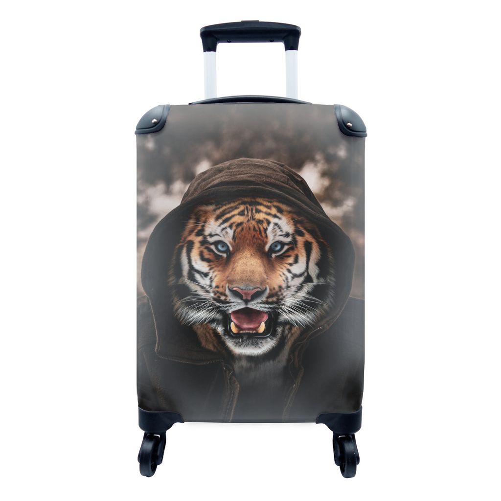 MuchoWow Koffer Handgepäck Trolley Rollkoffer Kleine Reisekoffer mit 4 Rollen - Tiger mit Kapuze - Cabin Size < 55x40x23 cm & 55x40x20 cm - Foto...