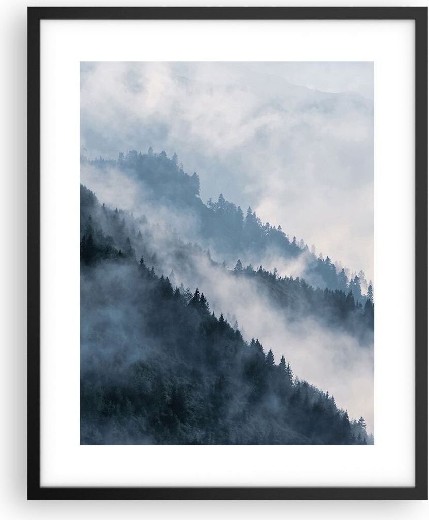 Gerahmtes Poster - Schwarzer Rahmen - Berge Nebel Bäume - 40x50 cm - Wand Bild - Wanddeko - Wandbilder - Kunstposter - Wandposter - Bilderrahmen -...