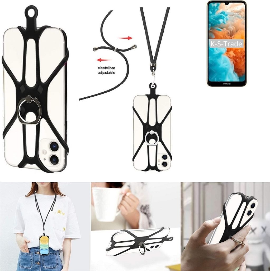 K-S-Trade 3in1 Handykette Handyband Handykordel Halsband Smartphone-Ring Handy-Ring kompatibel mit Huawei Y6 Prime 2019 Fingerhalterung Handyring