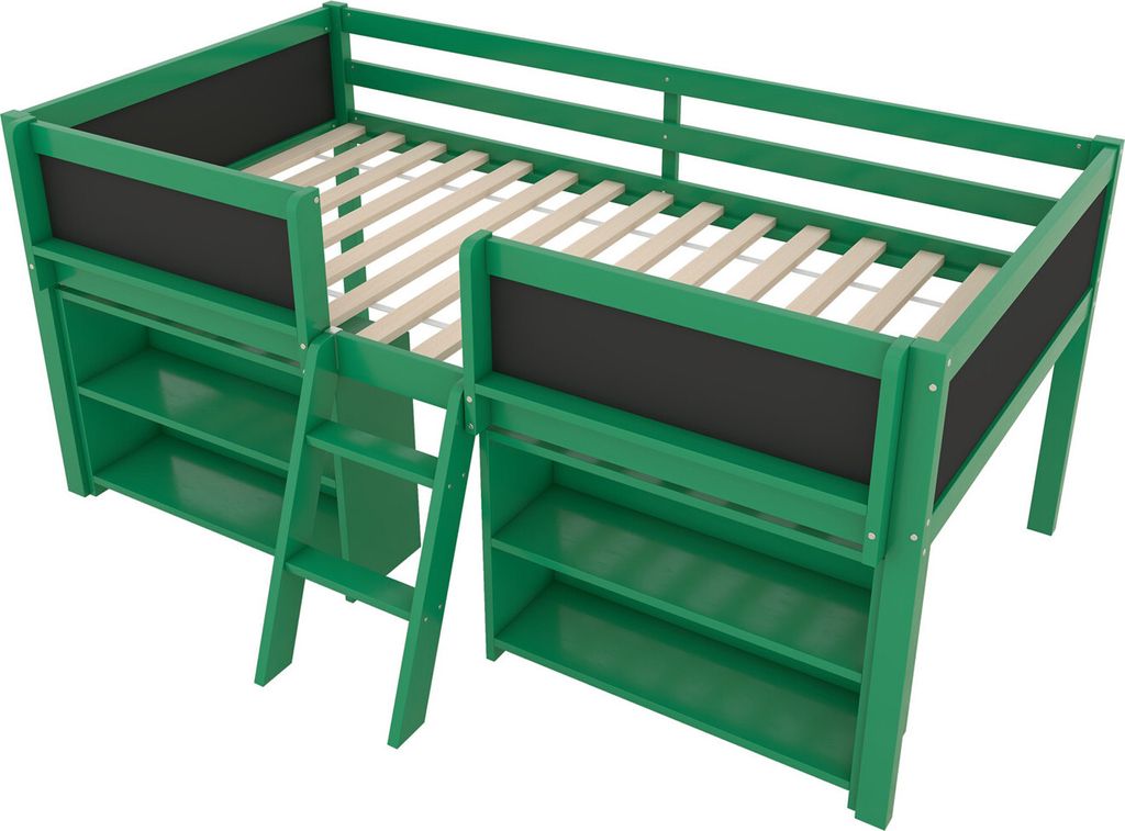 Halbhohes Bett,Kinderbett(Grün,90*200cm)Mehrere Einlegeböden zur Aufbewahrung, Geländer,Leiter,Kiefernholz,Ohne Matratze,Minimalistischer Stil