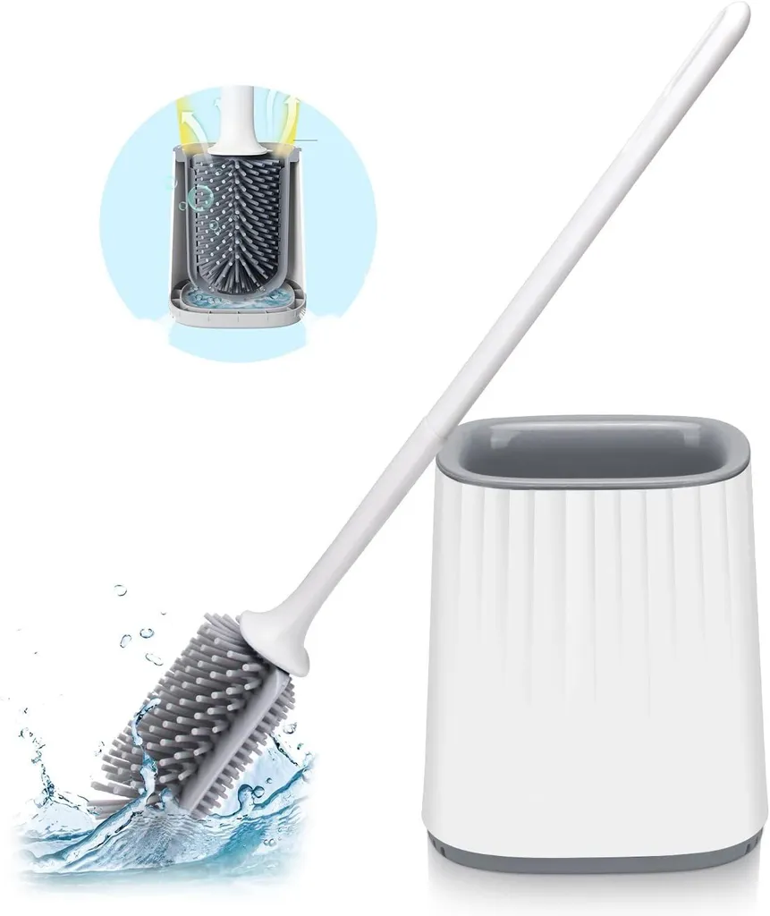 Brosse WC silicone flexible à séchage rapide avec support mural blanc