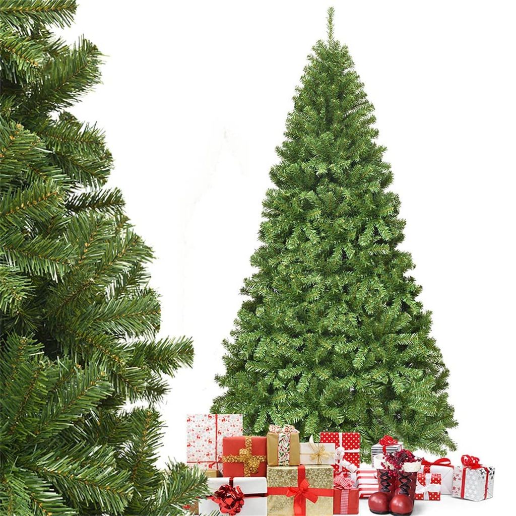 A green artificial Christmas tree with presents underneath, set against a white background.