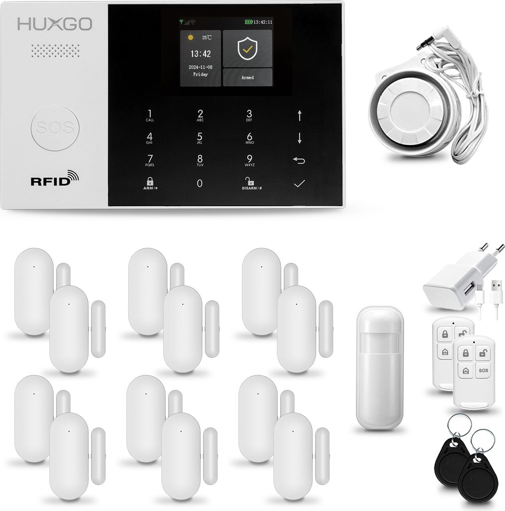 HUXGO HXA005 Alarmanlage Haus WiFi + GSM 4G mit Sirene, Alarm System mit 1x Bewegungssensor und 12x Tür- Fenstersensor, Alarmanlage für Wohnung, ...