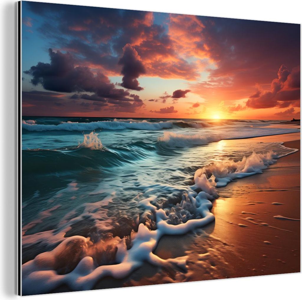 MuchoWow Wanddekoration Metall Metallbild Wandkunst 80x60 cm Sonnenuntergang - Strand - Meer - Golfen MuchoWow Aluminium Gemälde - Alubild