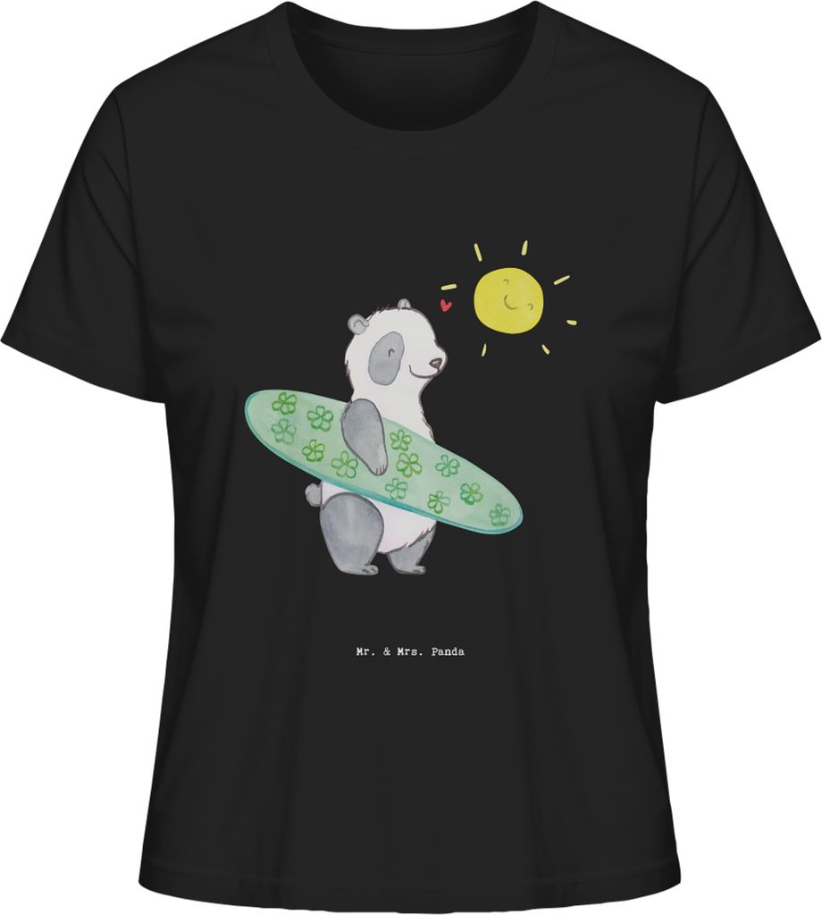 Mr. & Mrs. Panda Oberteil Damen Panda Surfen Größe M - Schwarz - Geschenk, T-Shirt, Shirt Mit Print, Surfschule, Sommershirt, Wellenreiten