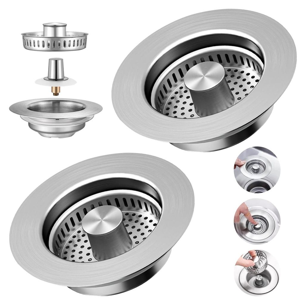 2-teiliges Set aus Abflusssieben und Abflussstopfen für die Küchenspüle, verbesserter 3-in-1-Pop-up-Abflussstopfen aus Edelstahl mit Sieb, Abflu...