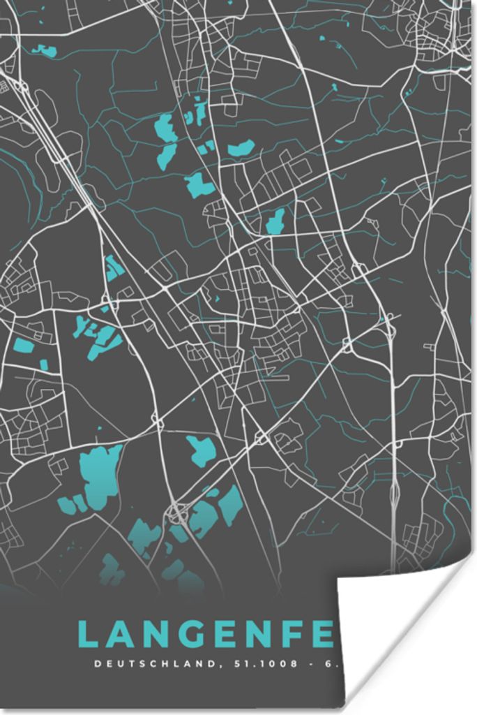 MuchoWow Poster Blau - Deutschland - Karte - Stadtplan - Langenfeld 80x120 cm - Papierdruck
