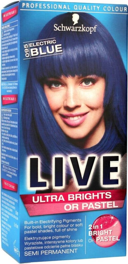 A box of Schwarzkopf Live Electric Blue hair dye, featuring a model with blue hair.