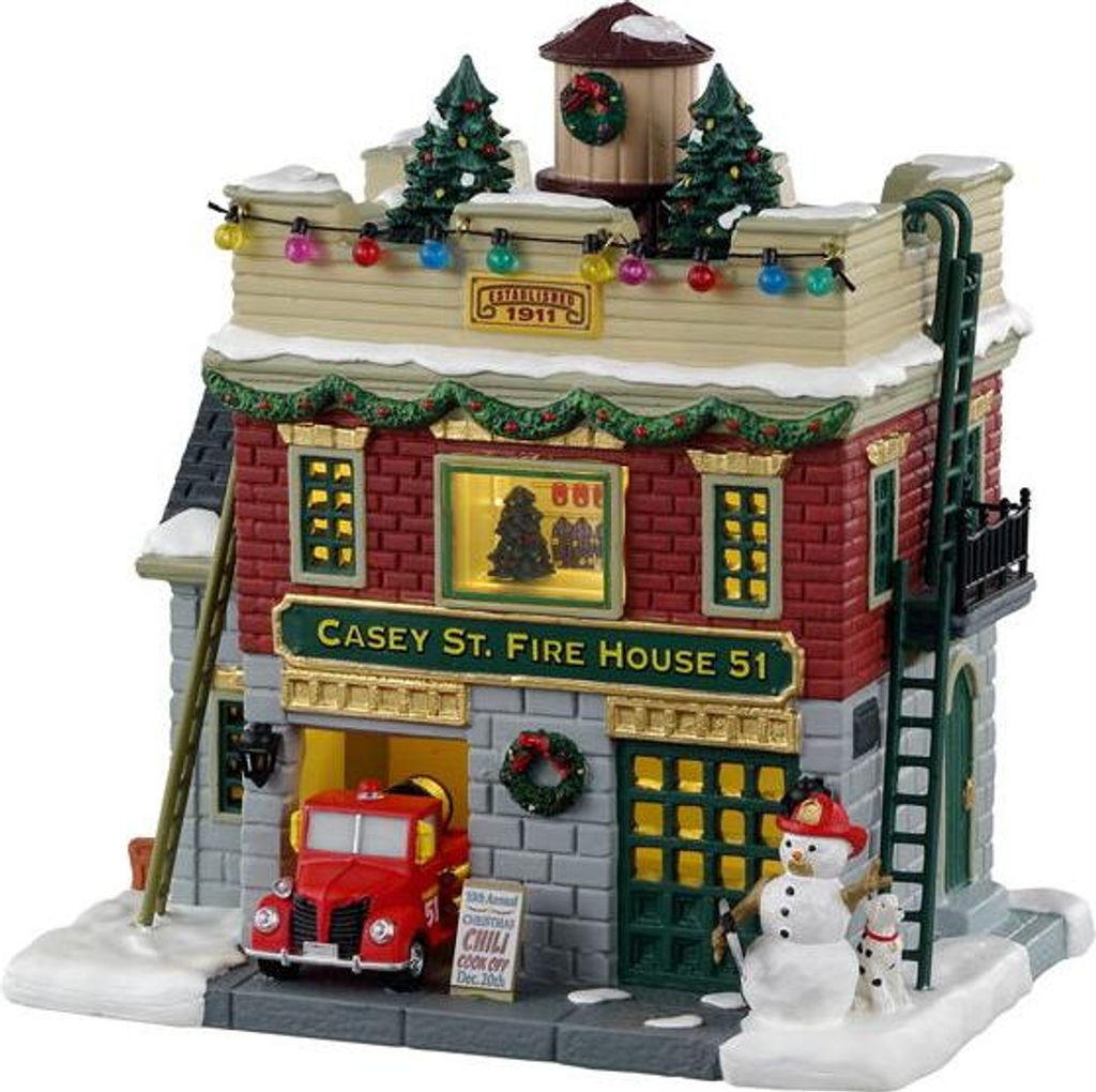 LEMAX Casey St. Firehouse 51 Weihnachtsdekoration Porzellanhaus beleuchtet 18,5 x 18,9 x 12,5 cm