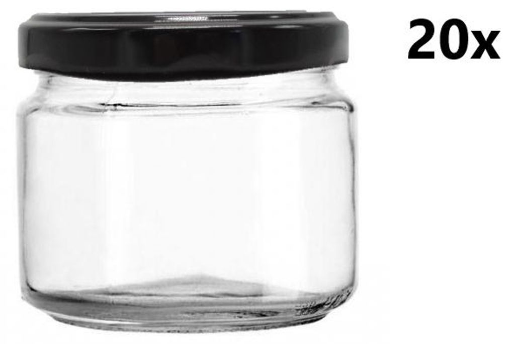 A clear glass jar with a black lid, shown on a white background. The text '20x' is present on the right side of the image.