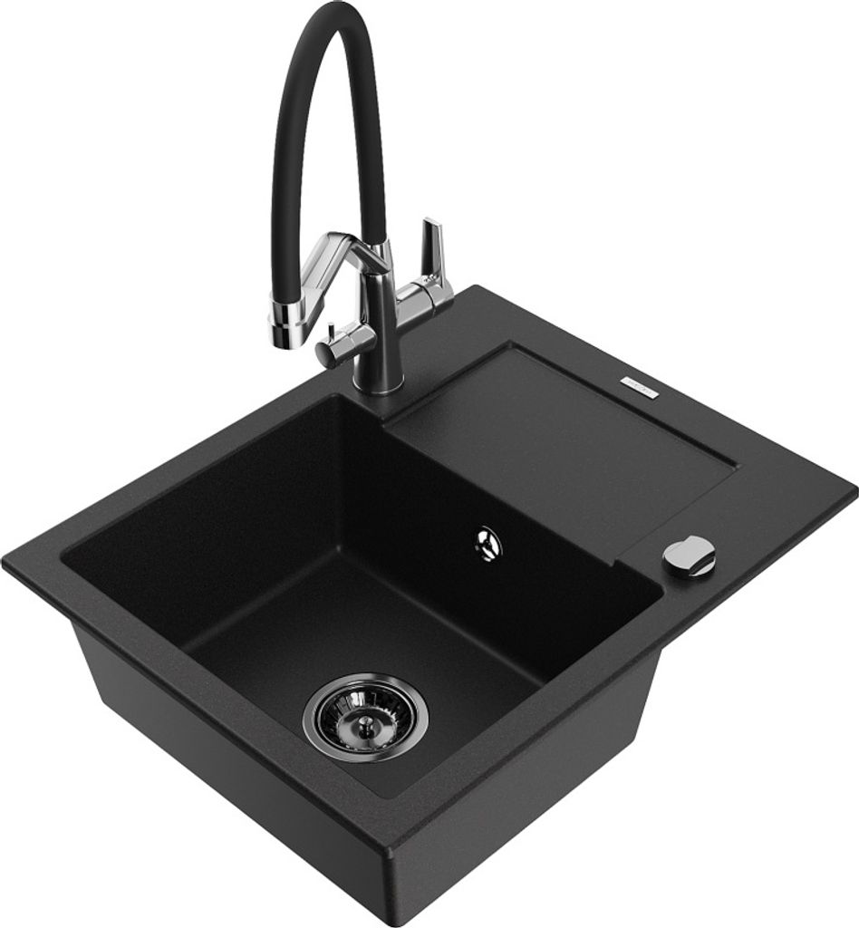 Mexen Enzo 1 Becken-Granitspüle mit Abtropffläche und Mischbatterie Duo, Schwarz - 6506-77-671701-07-B