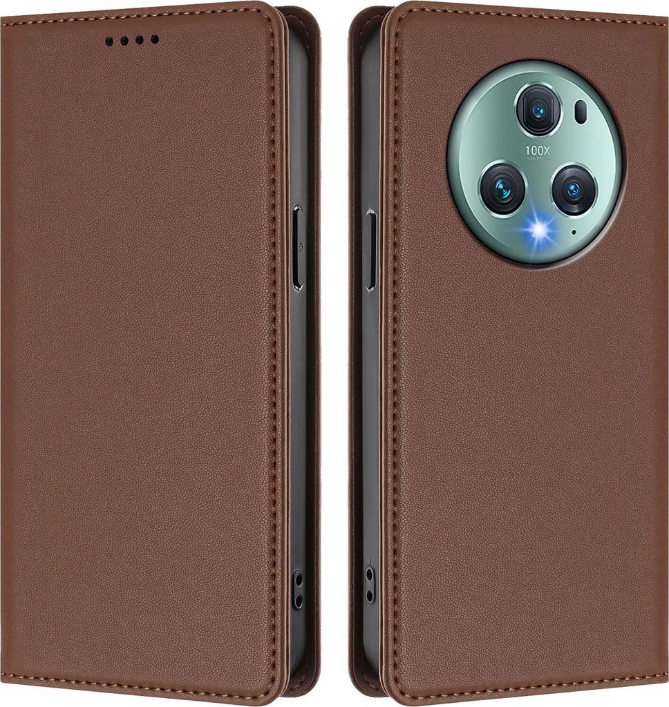 Handyhülle für Honor Magic5 Pro, Kunstleder Klapphülle Stoßfeste Magnetische Hülle mit Ständer Braun