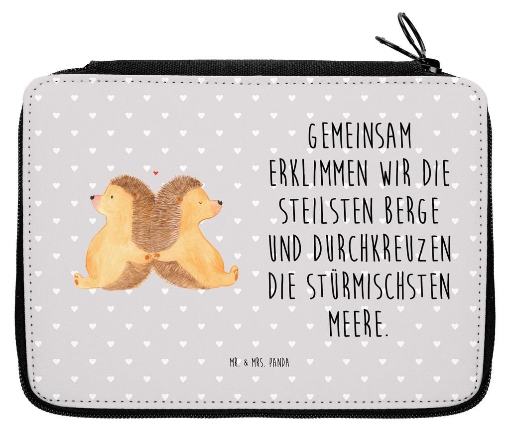 Mr. & Mrs. Panda Etui Igel händchenhaltend - Grau Pastell - Geschenk, Bleistiftetui, Federtasche, für Stifte, Federmäppchen, Freundin, Hochzeit,...