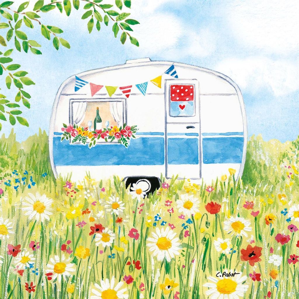 20 Servietten Happy Camping - Campingwagen im Blumenfeld Produktbild 