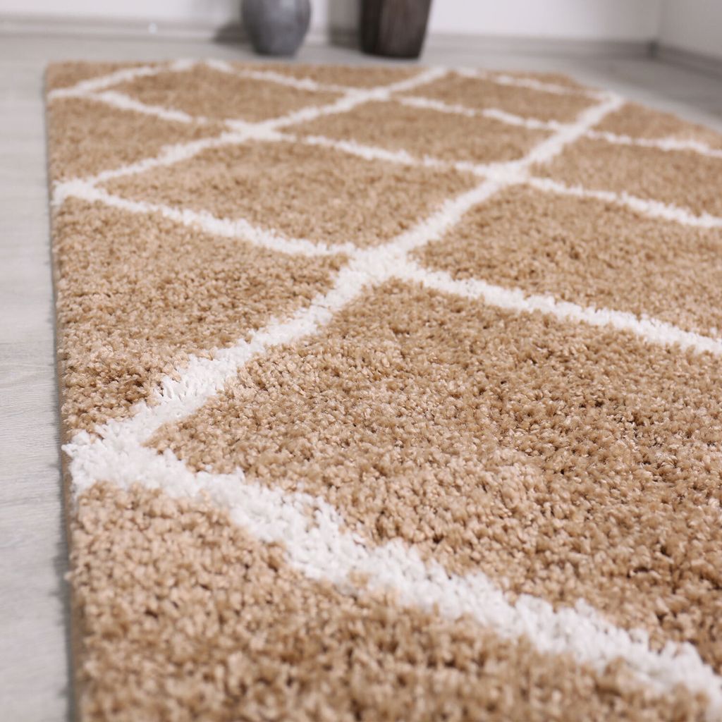 Hochflor Teppich Wohnzimmer Shaggy Rauten Muster Beige Creme Skandinavischer Stil Weich Robust, Maße:200x280 cm