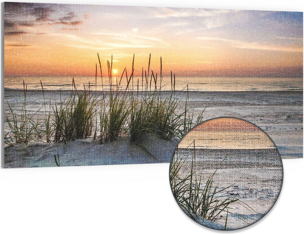 DEQORI Hybrid Leinwand Bild 100x50 cm 'Sonnenuntergang am Strand' Wandbild Glas flach modern