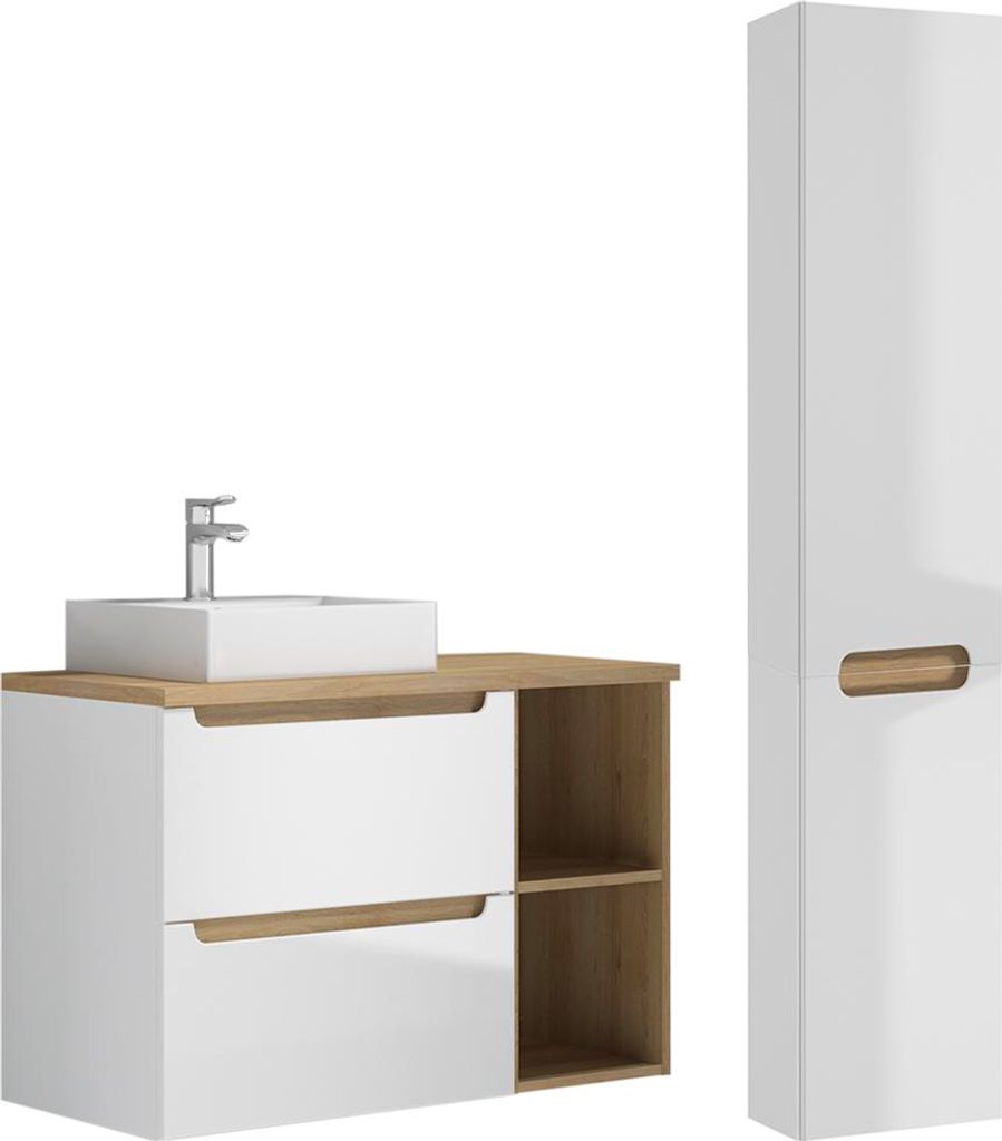 Waschtisch und Hängesäule 90cm Livia mit 2 Schubladen, Weiß