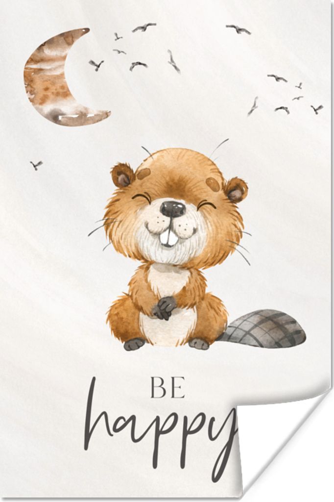 MuchoWow Poster Zitate - Glücklich sein - Kinder - Mond - Biber - Aquarell 80x120 cm - Papierdruck