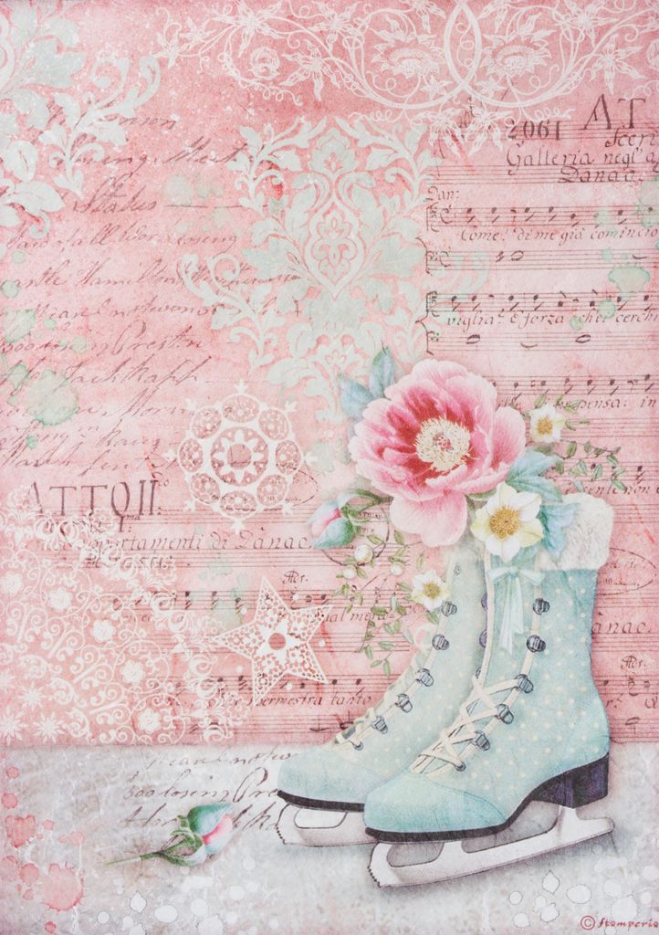 STAMPERIA A4 Reispapier Decoupage Bastelpapier, Sweet Winter Schlittschuhe