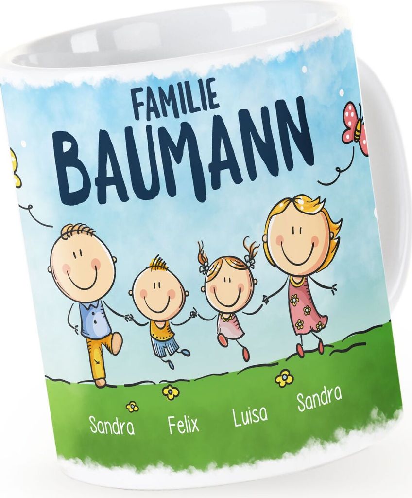 Kaffee-Tasse personalisiert 1/2/3/4 Kinder mit Namen Mama Papa Familie Herzhenkel personalisierte Geschenke SpecialMe weiß Herz-Tasse