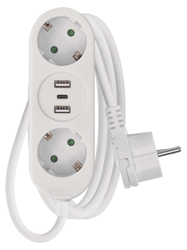 Steckdosenleiste – 2 Steckdosen+2×USB A+1×USB C, 1,5m, 1,5mm2, weiss