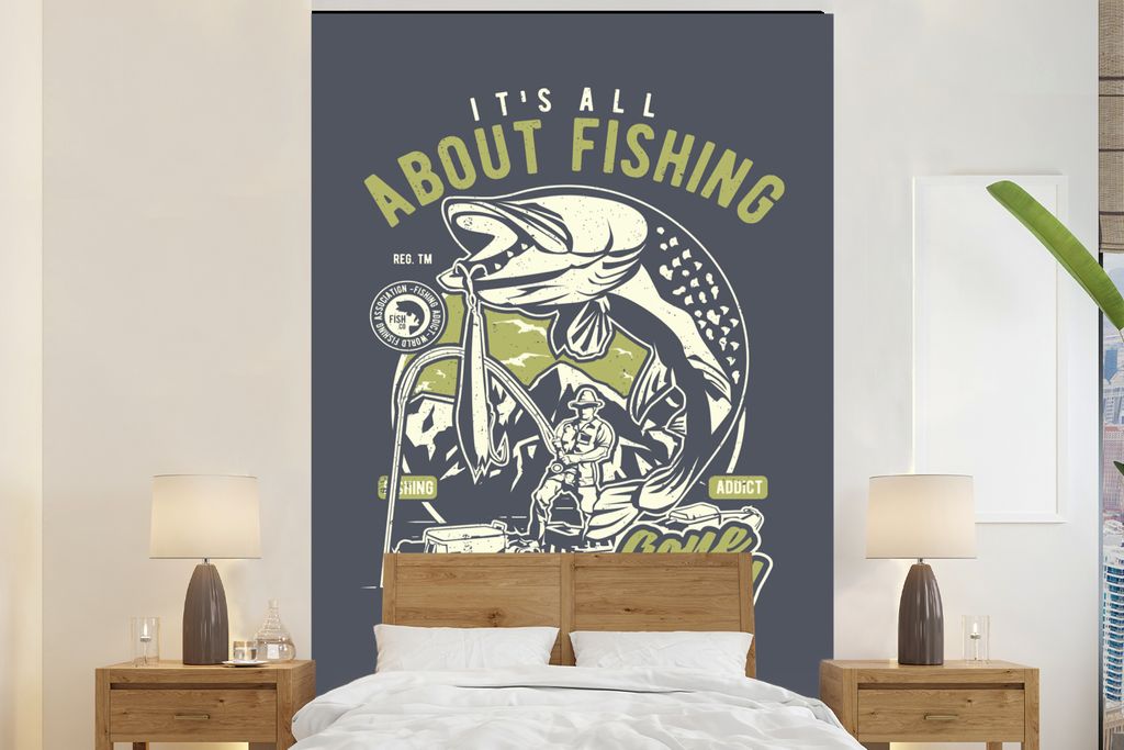 MuchoWow Fototapete für Wohnzimmer oder Schlafzimmer Wandtapete Vinyl Motivtapete Fisch - Boot - Rute - Vintage - 200x300 cm - Wanddekorationen