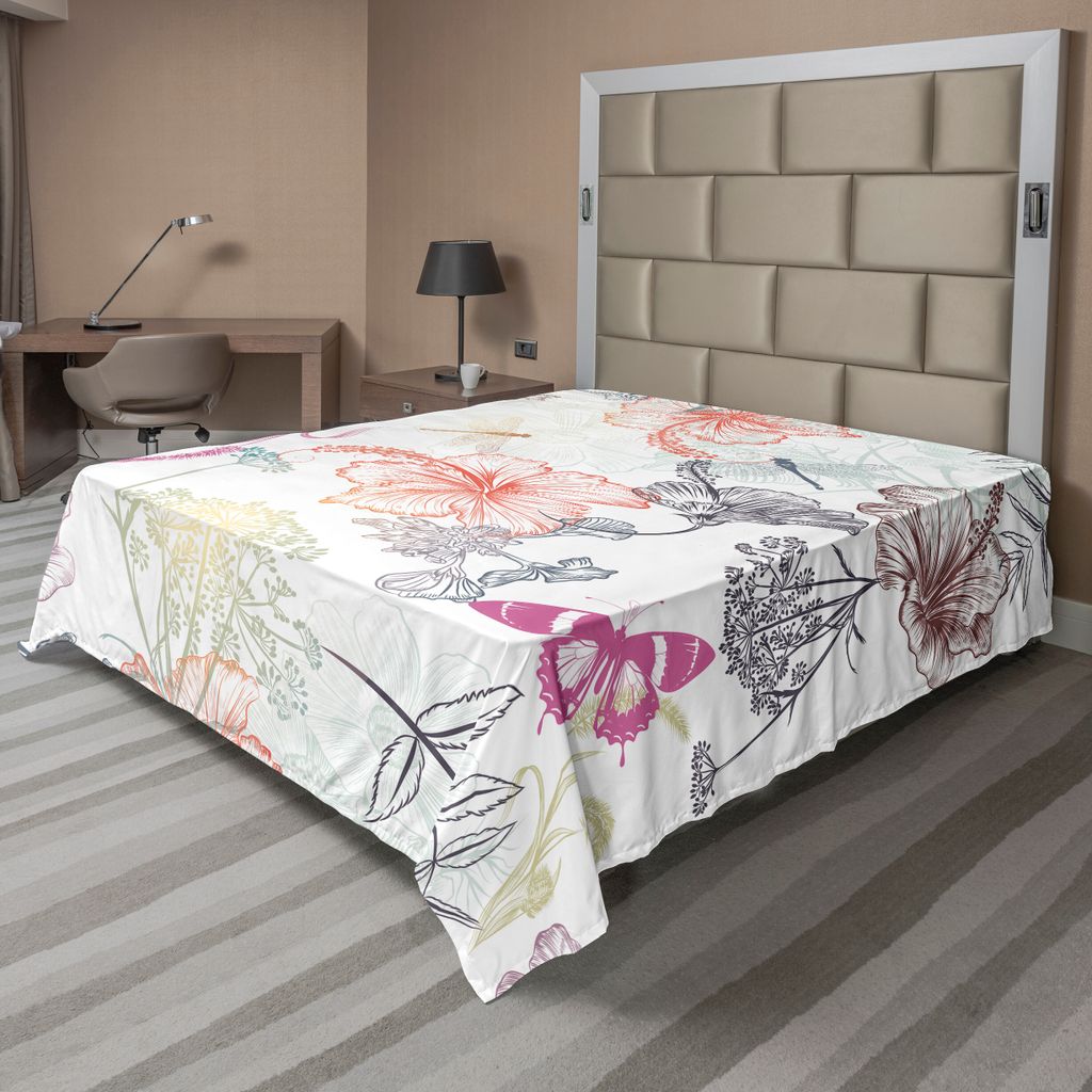 ABAKUHAUS Libelle Bettlaken, Blumenentwurfs Hibiskus Verzierungs Motten Libellen Symbolisches Umwandlungs Geschöpf, weiches bequemes oberes Bettla...