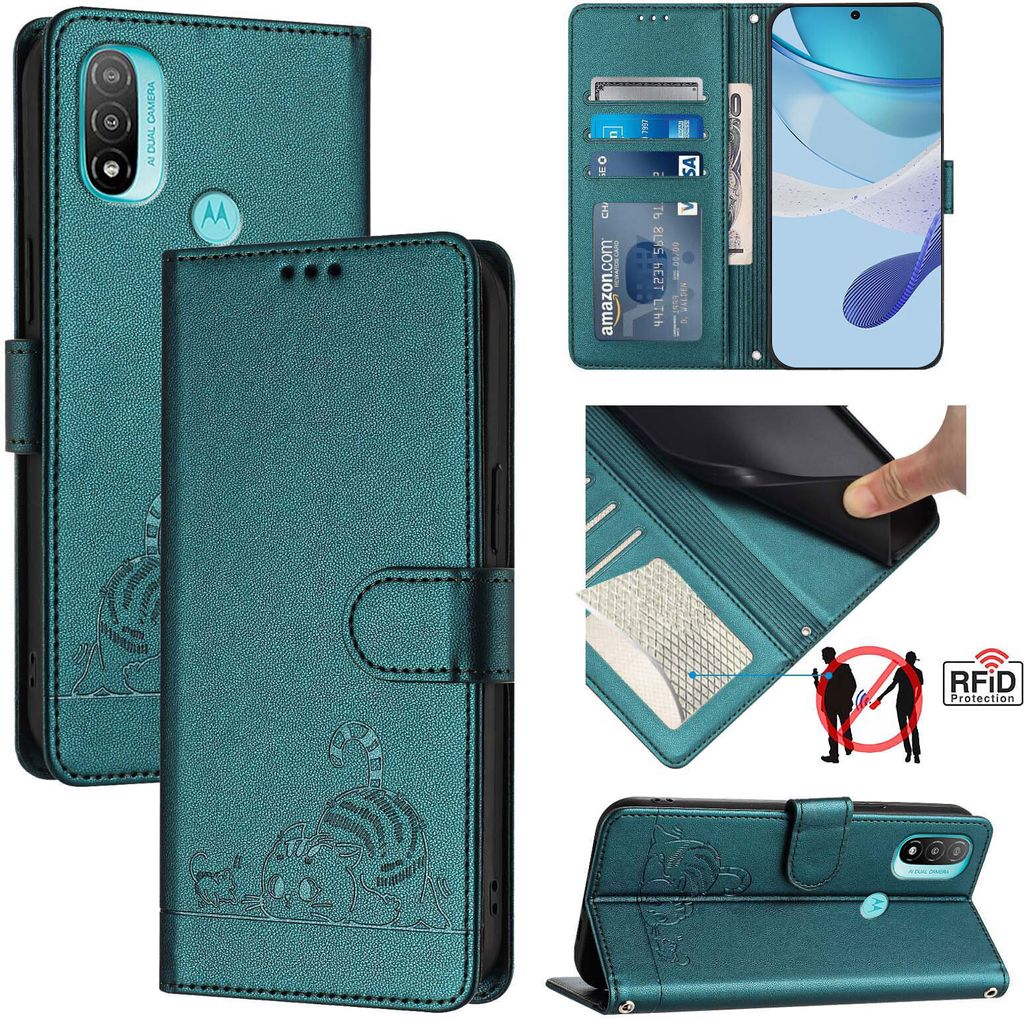 Leder Hülle für Motorola Moto E20/Moto E30/Moto E40 Süße Katze Flip Case Brieftasche Schutzhülle mit Standfunktion Grün