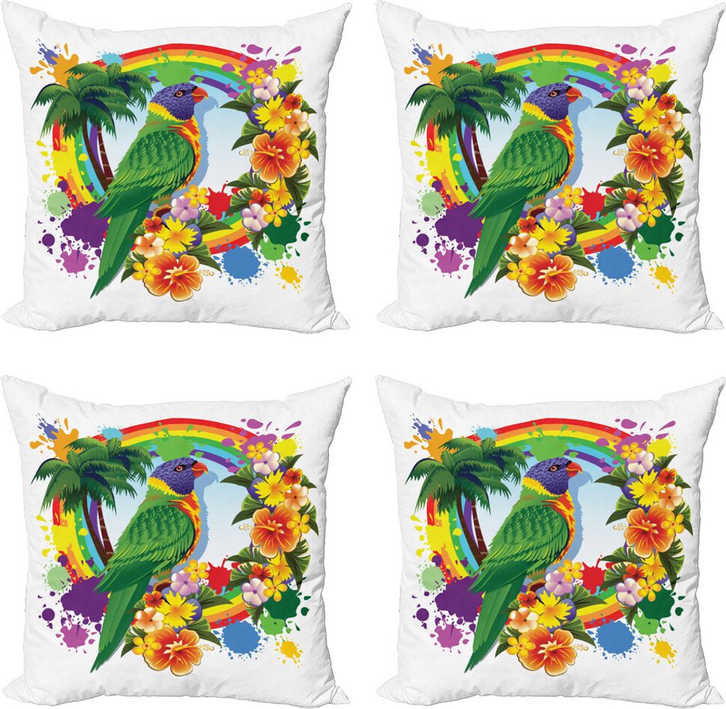 ABAKUHAUS Papagei Kissenbezug Set (4 Stück), Palmen tropische Pflanzen, Moderner Doppelseitiger Digitaldruck, 60 cm x 60 cm, Mehrfarbig