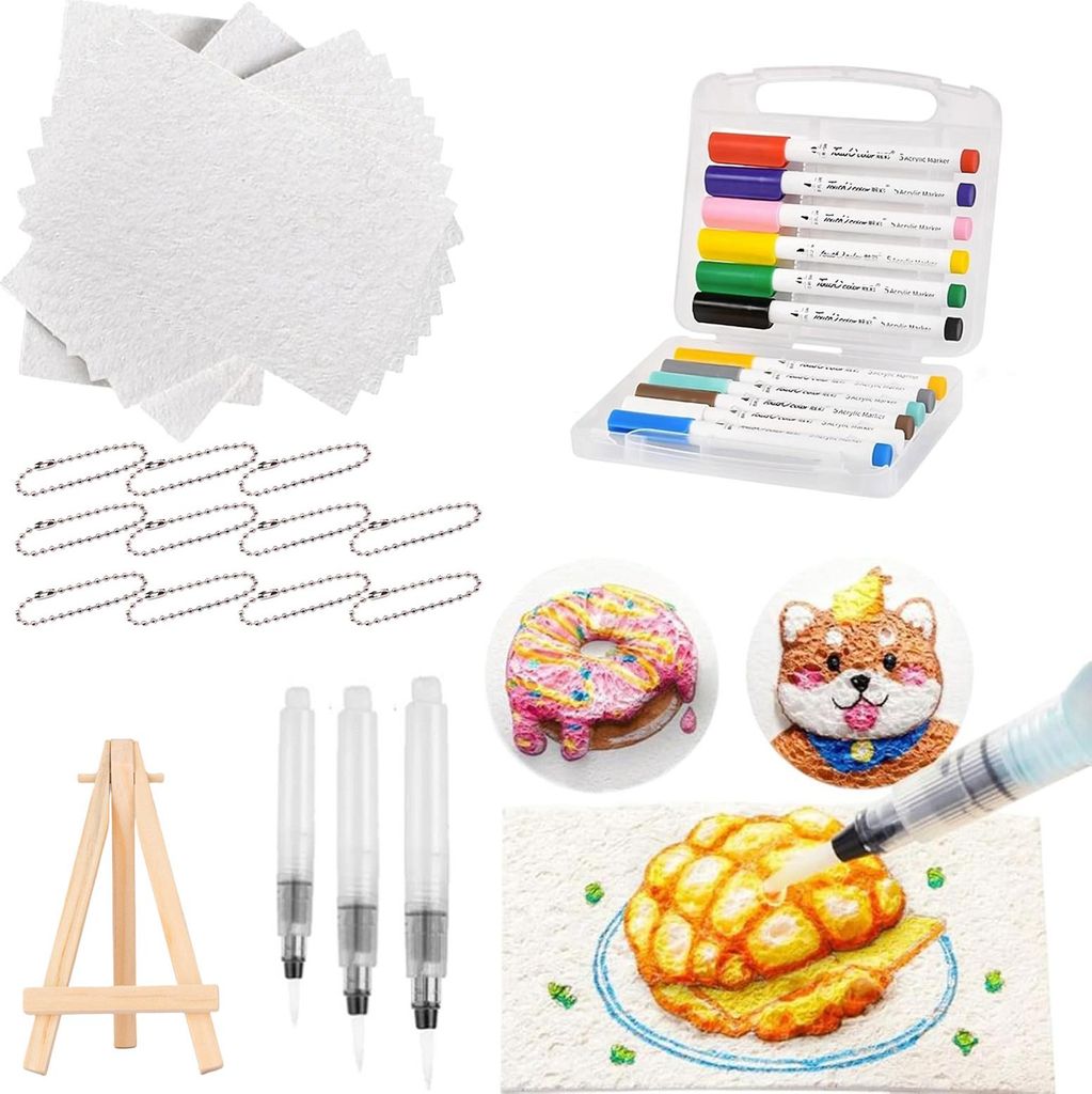 Magisches Schaumtextur-Malset, DIY-3D-Schaum-Malkunstset mit Wasserpinselstiften, bauschigem Popcorn, Zeichenleinwand, Schwamm, Bastelbedarf