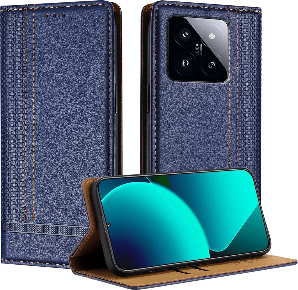 Custodia Xiaomi 14 Pro in Pelle Blu - Cover Portafoglio con Supporto Stand