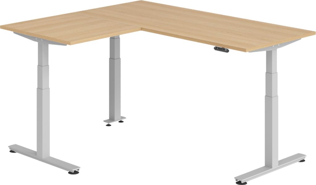 bümö Eckschreibtisch elektrisch höhenverstellbar L-Form - Gestell: Silber, Nachbildung: Eiche, Größe: Eckschreibtisch 180 x 160 cm