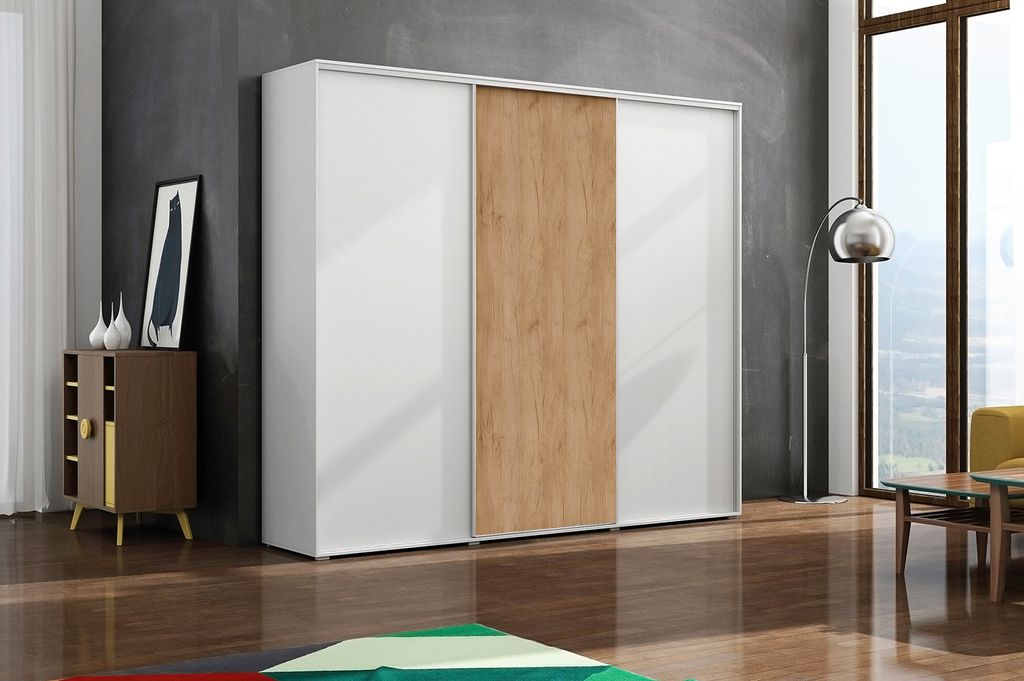 Dreitüriger Kleiderschrank 278/215 LEO – weiß/goldene Eiche