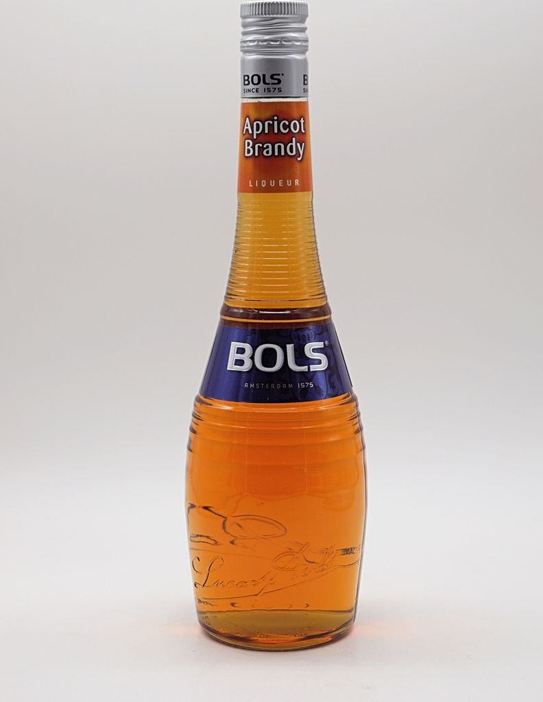 A bottle of Bols Apricot Brandy liqueur against a white background.