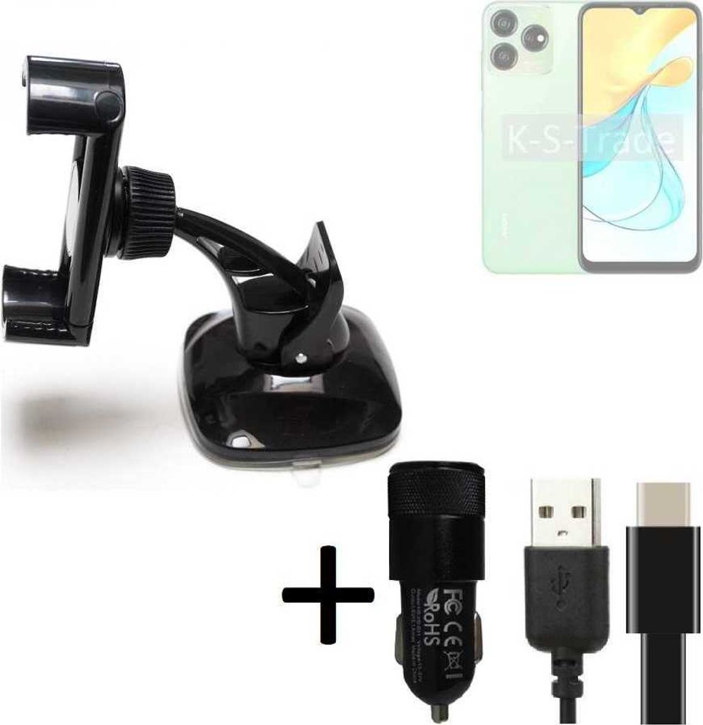 K-S-Trade Handy-Halterung kompatibel mit ZTE Axon 50 Lite Windschutzscheibe / Armaturenbrett + LADEGERÄT mit Mico USB Kabel Autohalterung