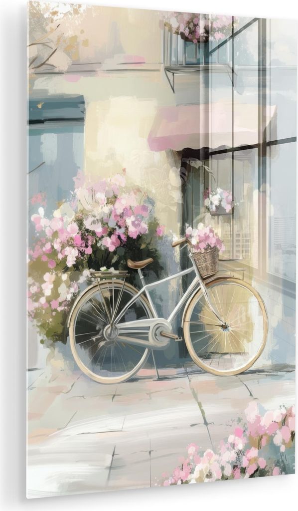 MuchoWow Glasbilder - Bilder auf Wandbild - Foto auf Glas Fahrrad - Pastellfarben - Blumen 20x30 cm Wanddekoration aus Glas - Acrylglasbild - Acryl...