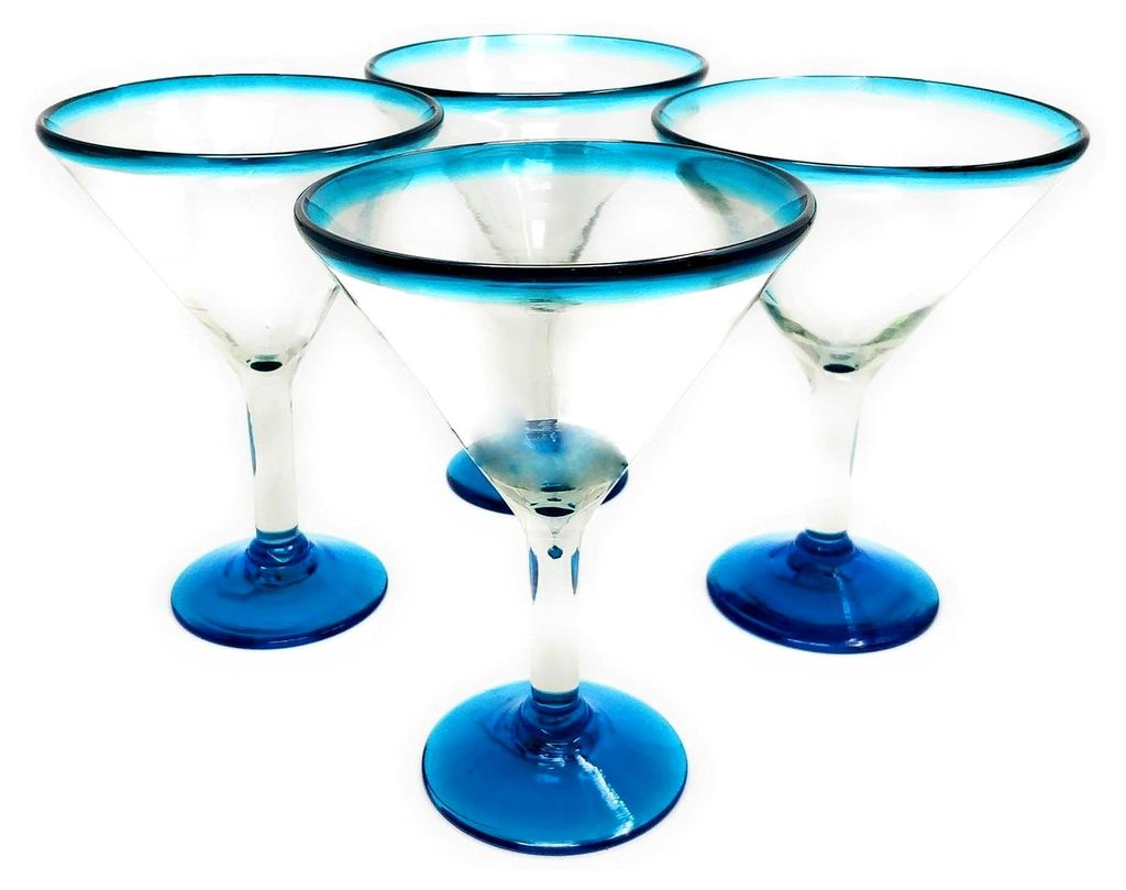 Mundgeblasenes mexikanisches Glas - 4 moderne Margarita-Gläser mit aquafarbenem Rand (12 oz)
