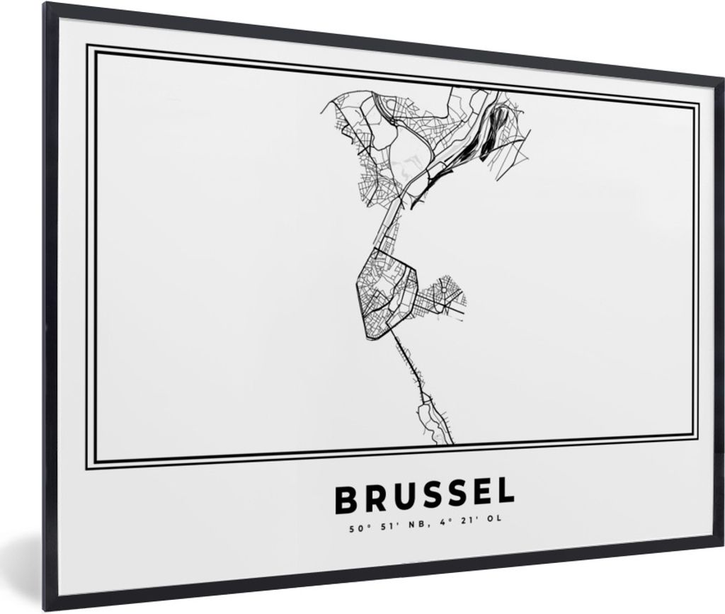 MuchoWow Gerahmtes Poster Belgien - Brüssel - Stadtplan - Karte - Schwarz und weiß - Karte 90x60 cm - Poster mit Schwarzem Bilderrahmen Wandpos...